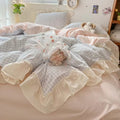 Gingham Check Bedding Set with Ruffled Edges – Cotton-Microfiber Duvet Cover, Sheet, and Pillowcases