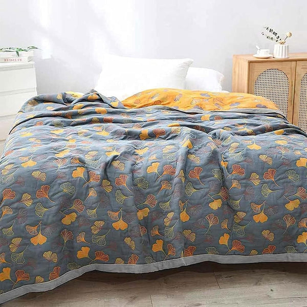 Ginkgo Leaf Throw Blanket, Reversible Yellow and Blue Design, Soft Cozy Fabric for Indoor and Outdoor Use