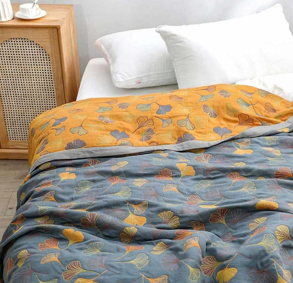 Ginkgo Leaf Throw Blanket, Reversible Yellow and Blue Design, Soft Cozy Fabric for Indoor and Outdoor Use