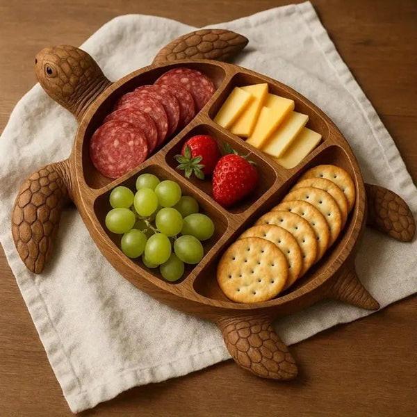 Handcrafted Sea Turtle Charcuterie Platter – Sustainable Wooden Serving Board with 5 Compartments, Food-Safe Finish