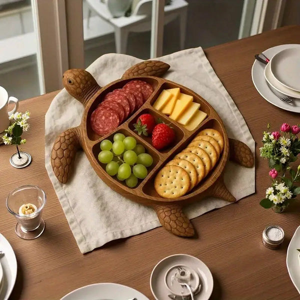 Handcrafted Sea Turtle Charcuterie Platter – Sustainable Wooden Serving Board with 5 Compartments, Food-Safe Finish