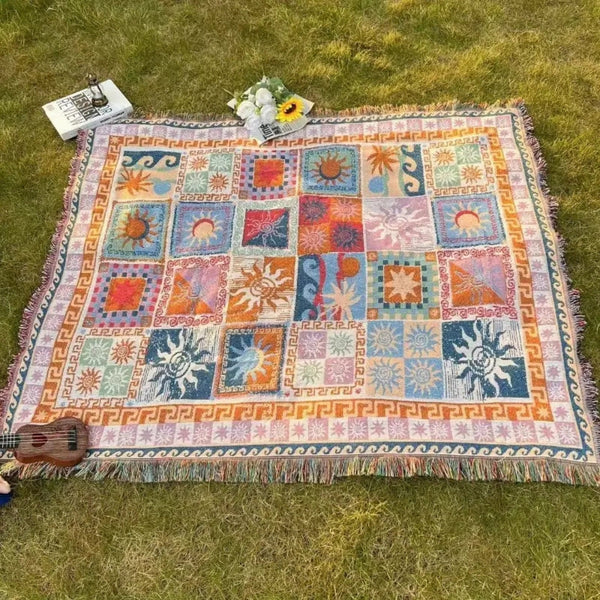 Lightweight Microfiber Outdoor Blanket – Durable Anti-Tear Picnic and Camping Mat with Decorative Fringes