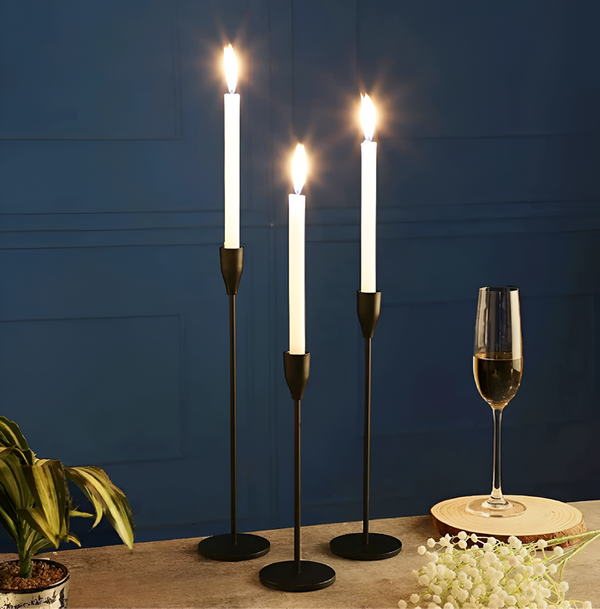 Metallic Taper Candle Holders Set of 3 with Brushed Finish – Elegant Gold Candle Stick Holders for Home Decor and Events