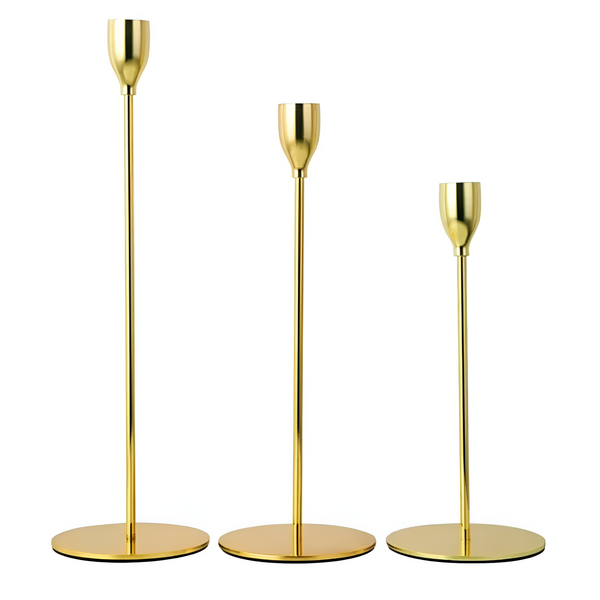 Metallic Taper Candle Holders Set of 3 with Brushed Finish – Elegant Gold Candle Stick Holders for Home Decor and Events