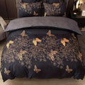Midnight Butterfly Duvet Cover Set – 3-Piece Cotton Microfiber Bedding for Queen Size, Elegant Golden Floral Design