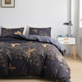 Midnight Butterfly Duvet Cover Set – 3-Piece Cotton Microfiber Bedding for Queen Size, Elegant Golden Floral Design