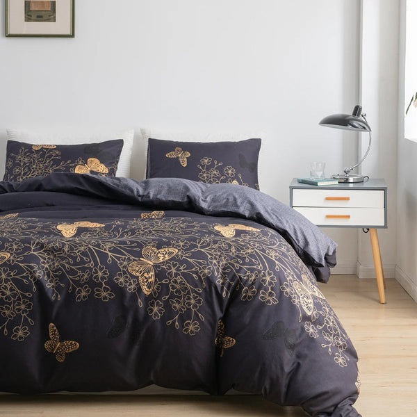 Midnight Butterfly Duvet Cover Set – 3-Piece Cotton Microfiber Bedding for Queen Size, Elegant Golden Floral Design