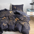 Midnight Butterfly Duvet Cover Set – 3-Piece Cotton Microfiber Bedding for Queen Size, Elegant Golden Floral Design