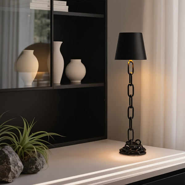 Modern Chain-Link Table Lamp with Rechargeable Touch LED – Cordless Black Desk or Bedside Lamp for Ambient Lighting