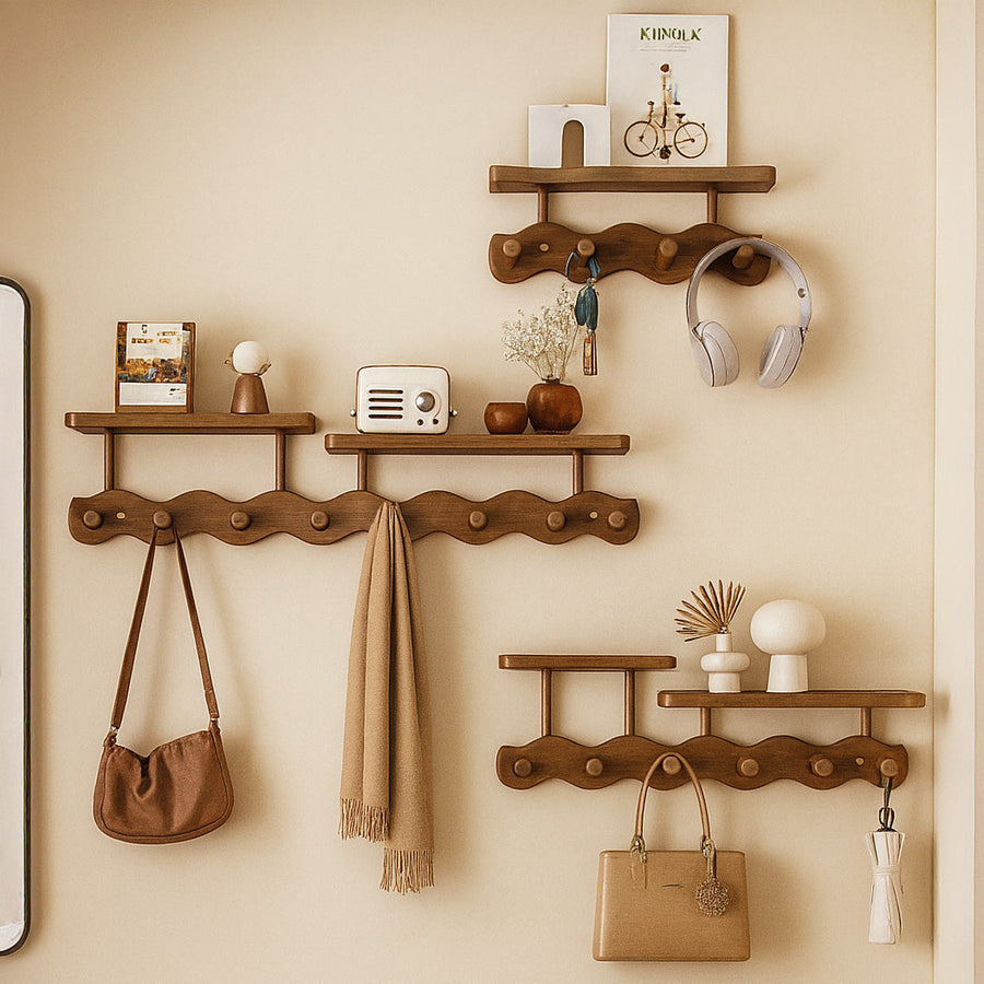 Natural Bamboo Wall Mounted Coat Rack with Hooks & Shelf for Organized Entryway 0