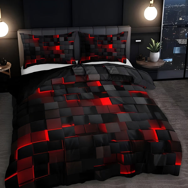Neon 3D Grid Duvet Cover Set – Breathable Microfiber Cotton Blend, All-Season Comfort, Includes 1 Duvet Cover and 2 Pillowcases