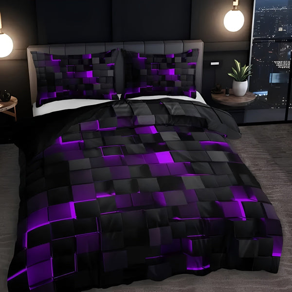 Neon 3D Grid Duvet Cover Set – Breathable Microfiber Cotton Blend, All-Season Comfort, Includes 1 Duvet Cover and 2 Pillowcases