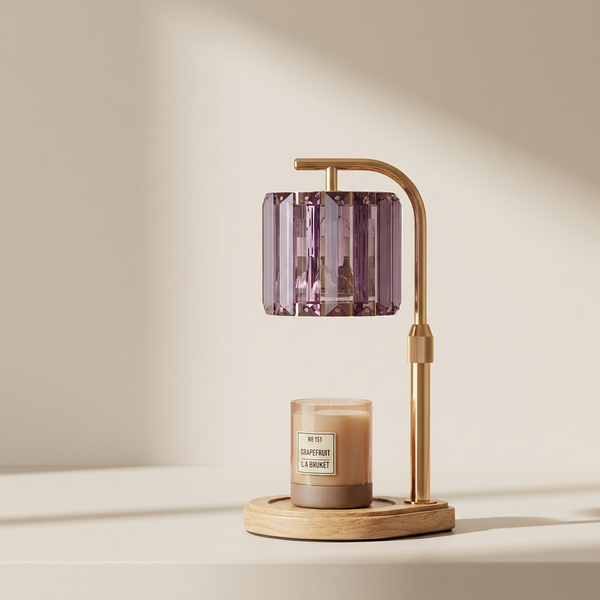 Plug-In Candle Warmer Lamp with Wood Base and Purple Crystal Shade, Multi-Level Dimming and Timer