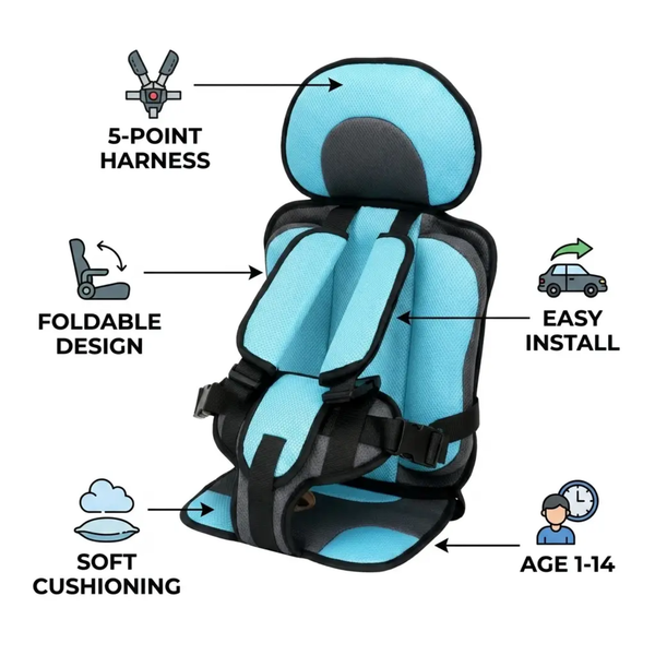 Portable Child Car Booster Seat with 5-Point Harness | Foldable Design for Safe Travel