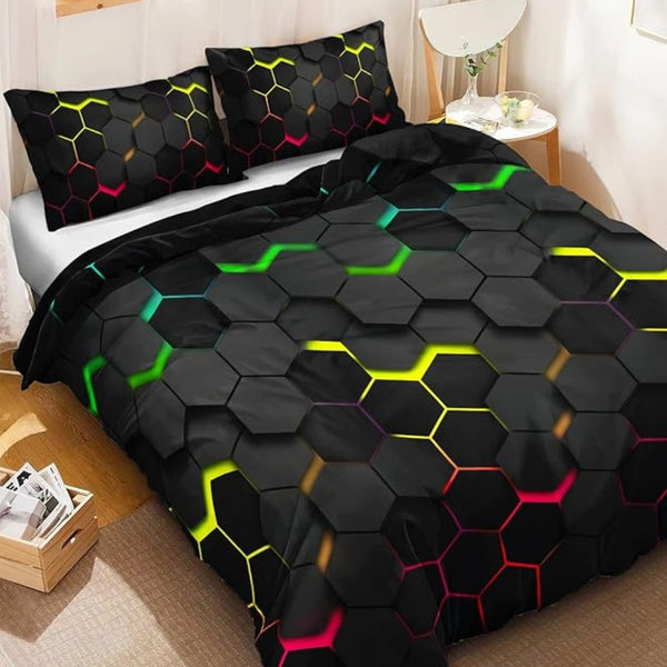 Prisma Hive Duvet Cover Set – Geometric Hexagon Design, Soft Breathable Polyester, Queen/King Size Bed Covers