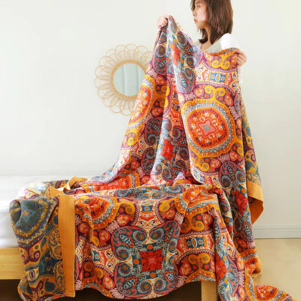 Reversible 100% Cotton Blanket Queen – Breathable Cooling Throw Blanket in Boho Design for All Seasons