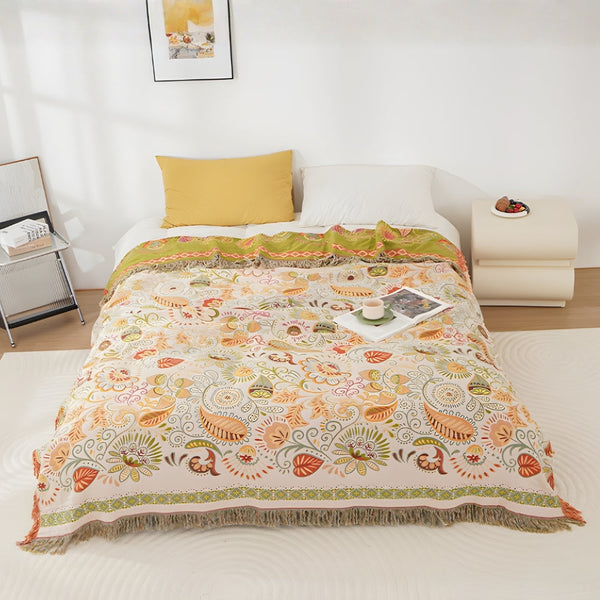 Reversible Autumn Leaf Boho Blanket – Lightweight Cotton Gauze with Tasselled Edges for Beds and Sofas