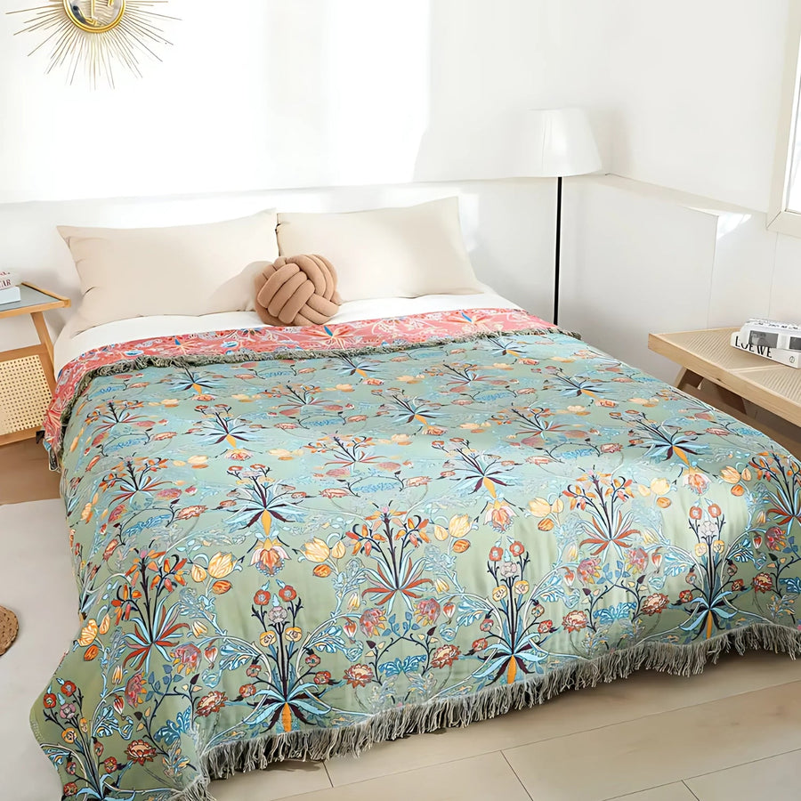 Reversible Cotton Blanket with Jacquard Floral Weave and Decorative Tassels – 200x230cm Multi-Purpose Throw for Bed or Sofa