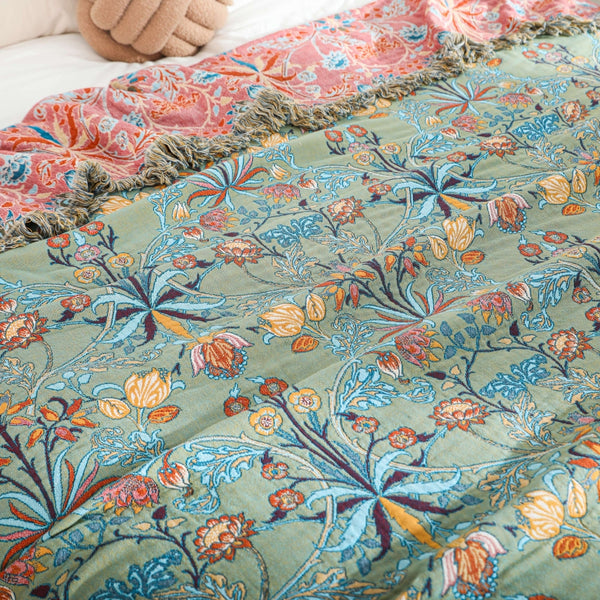 Reversible Cotton Blanket with Jacquard Floral Weave and Decorative Tassels – 200x230cm Multi-Purpose Throw for Bed or Sofa