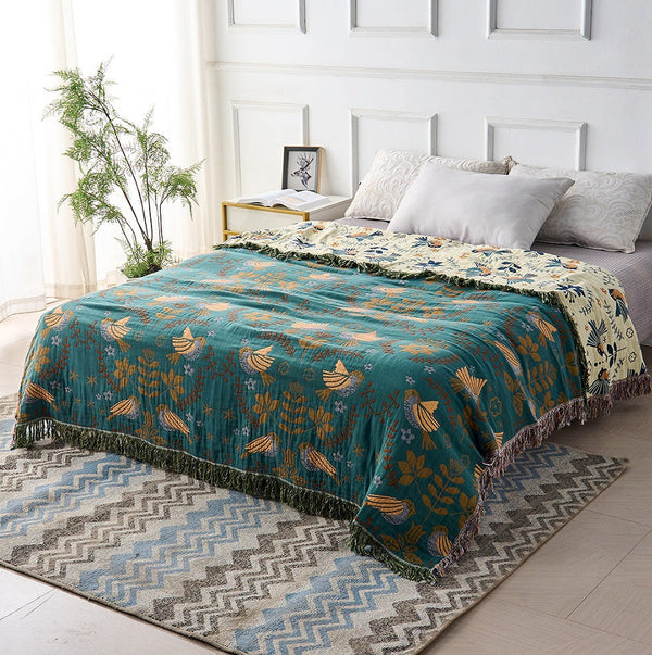 Reversible Cotton Throw Blanket with Bird and Floral Design – Soft and Breathable, Ideal for Home Decor and Cozy Comfort