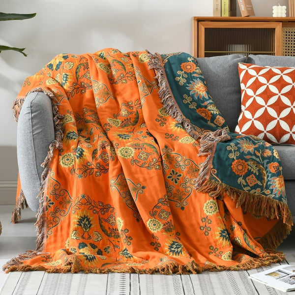 Reversible Throw Blanket in Orange and Teal Cotton Gauze with Floral Design – Soft and Versatile for Indoor and Outdoor Use