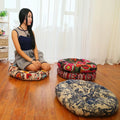Round Boho Cushion in Soft Cotton Linen with Floral Pattern – Thick Comfortable Floor Seat for Meditation and Yoga