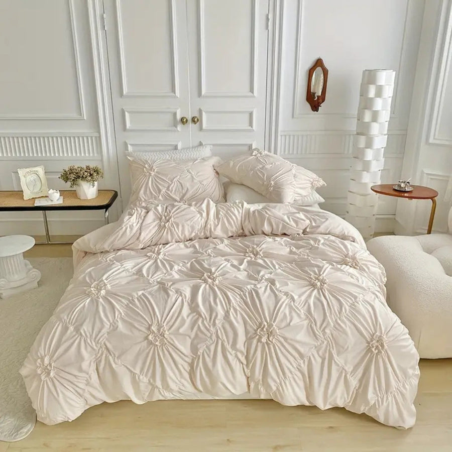 Ruffle Flower Duvet Cover Set with Pinch Pleated Design – Cotton Microfiber Blend, Includes Pillowcases, Twin to King Sizes