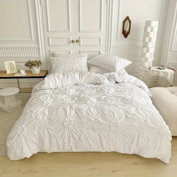 Ruffle Flower Duvet Cover Set with Pinch Pleated Design – Cotton Microfiber Blend, Includes Pillowcases, Twin to King Sizes