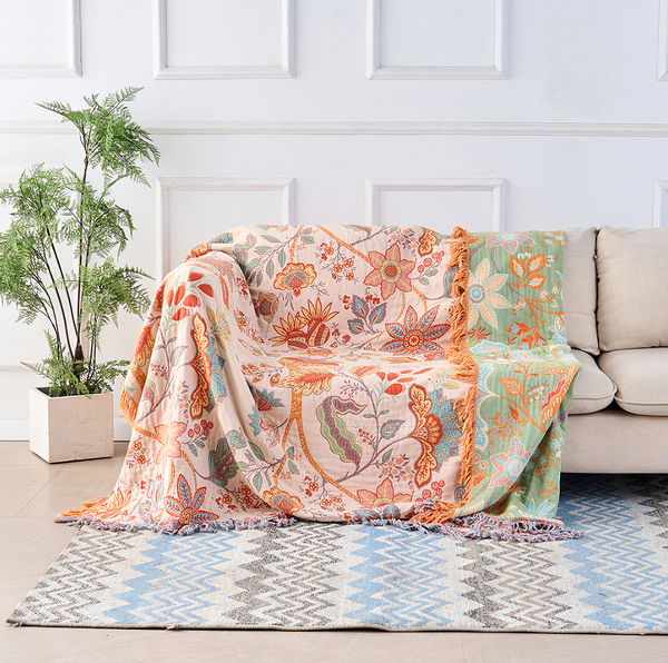 Rustic Boho Floral Cotton Blanket with Fringe – Soft, Breathable Throw for Home Decor and Picnics, Orange and Blue Design