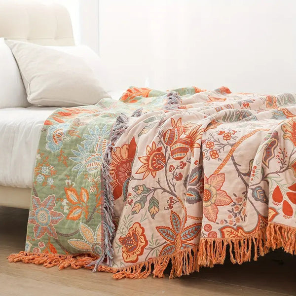 Rustic Boho Floral Cotton Blanket with Fringe – Soft, Breathable Throw for Home Decor and Picnics, Orange and Blue Design