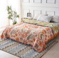 Rustic Boho Floral Cotton Blanket with Fringe – Soft, Breathable Throw for Home Decor and Picnics, Orange and Blue Design
