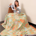 Rustic Boho Floral Cotton Blanket with Fringe – Soft, Breathable Throw for Home Decor and Picnics, Orange and Blue Design