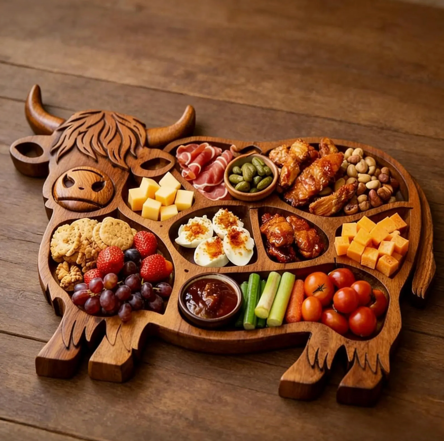 Rustic Cow Charcuterie Board – Handcrafted Large Meat and Cheese Board with Multiple Compartments for Entertaining