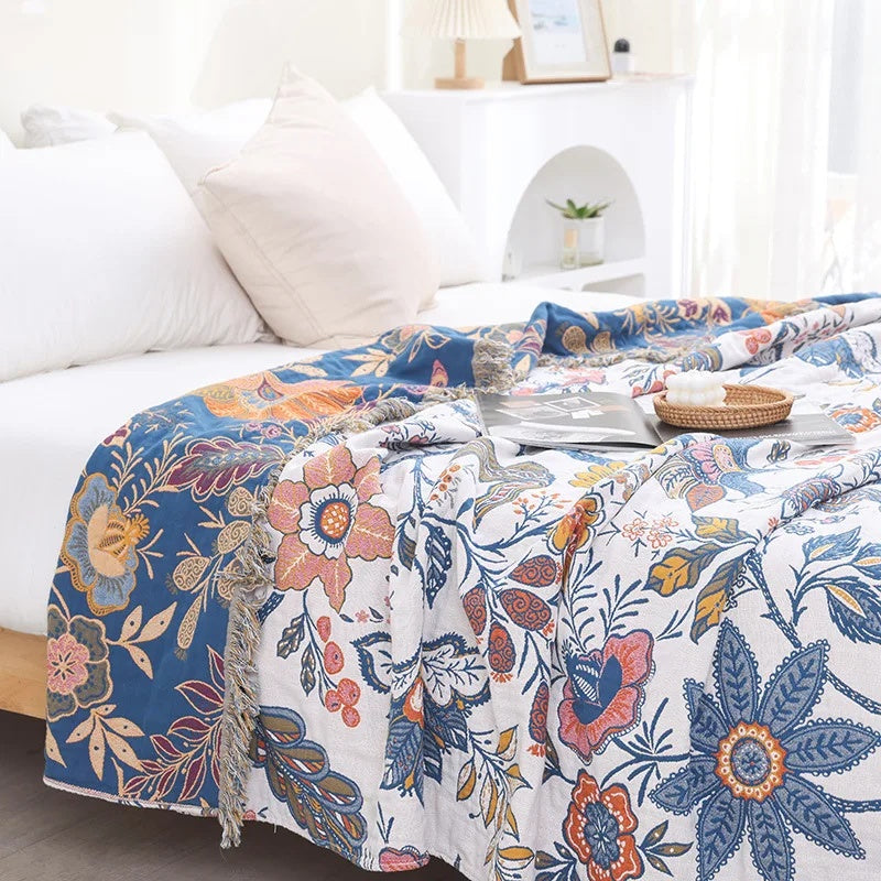 Rustic Floral Cotton Blanket with Reversible Jacquard Design and Tassels - Lightweight All-Season Throw for Home Décor