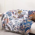 Rustic Floral Cotton Blanket with Reversible Jacquard Design and Tassels - Lightweight All-Season Throw for Home Décor