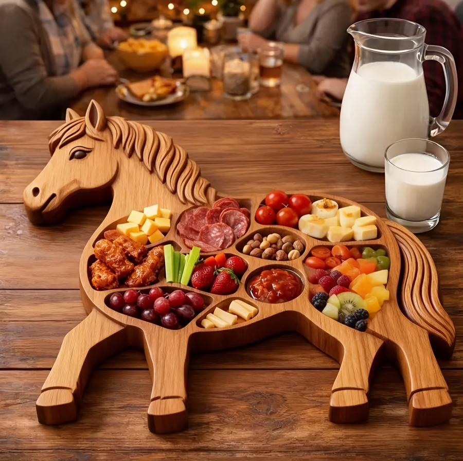 Rustic Horse-Shaped Wooden Serving Board – Handcrafted Charcuterie Platter with Multiple Compartments