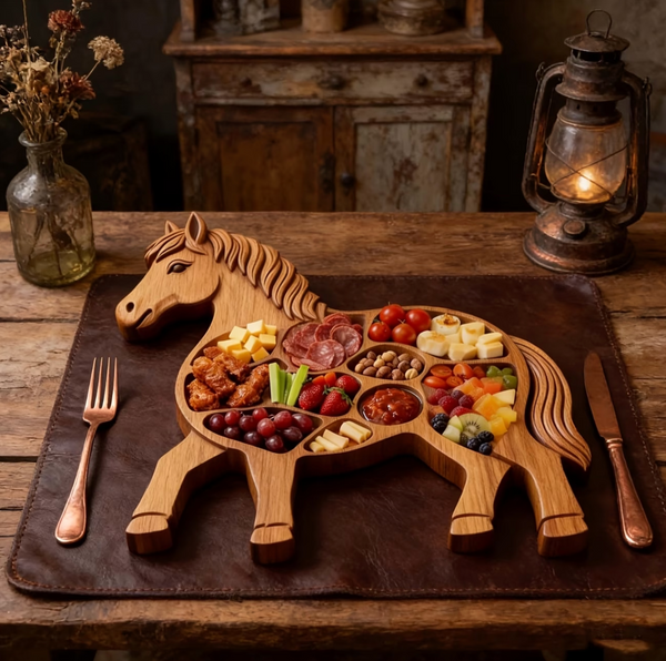 Rustic Horse-Shaped Wooden Serving Board – Handcrafted Charcuterie Platter with Multiple Compartments