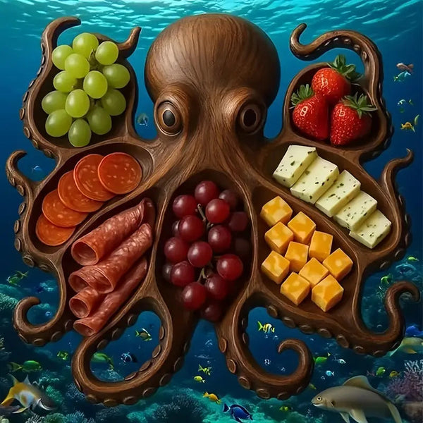 Rustic Wooden Serving Board – Handcrafted Octopus Charcuterie Board, Eco-Friendly, 10x10 Inches
