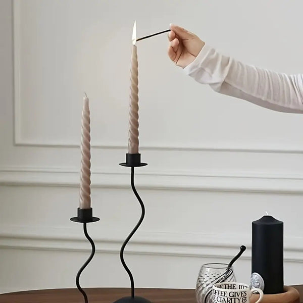 Sculpted Wavy Iron Candle Holder for Taper Candles – Vintage Lacquered Finish Tabletop Decor