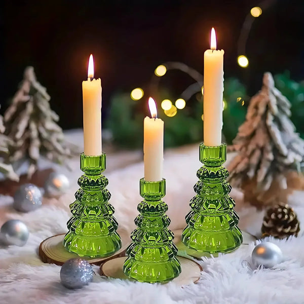 Set of 3 Glass Candle Holders in Christmas Tree Shape for Festive Table Decor