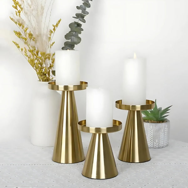 Set of 3 Handcrafted Brass Candle Holders, Brushed Finish, Varying Sizes for Elegant Home Decor