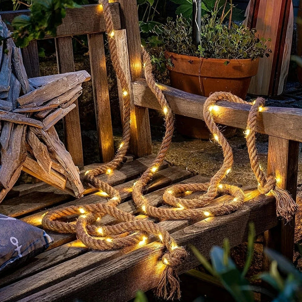 Solar-Powered Hemp Rope Lights – 5m Waterproof Outdoor Lighting with Dusk-to-Dawn Sensor and 100 LED Bulbs