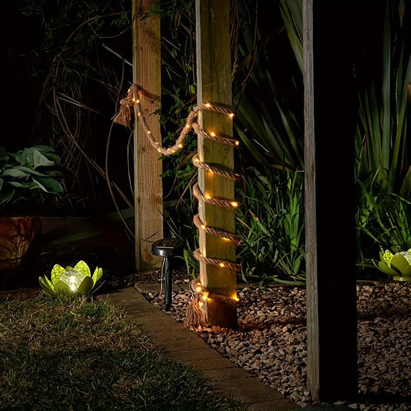 Solar-Powered Hemp Rope Lights – 5m Waterproof Outdoor Lighting with Dusk-to-Dawn Sensor and 100 LED Bulbs