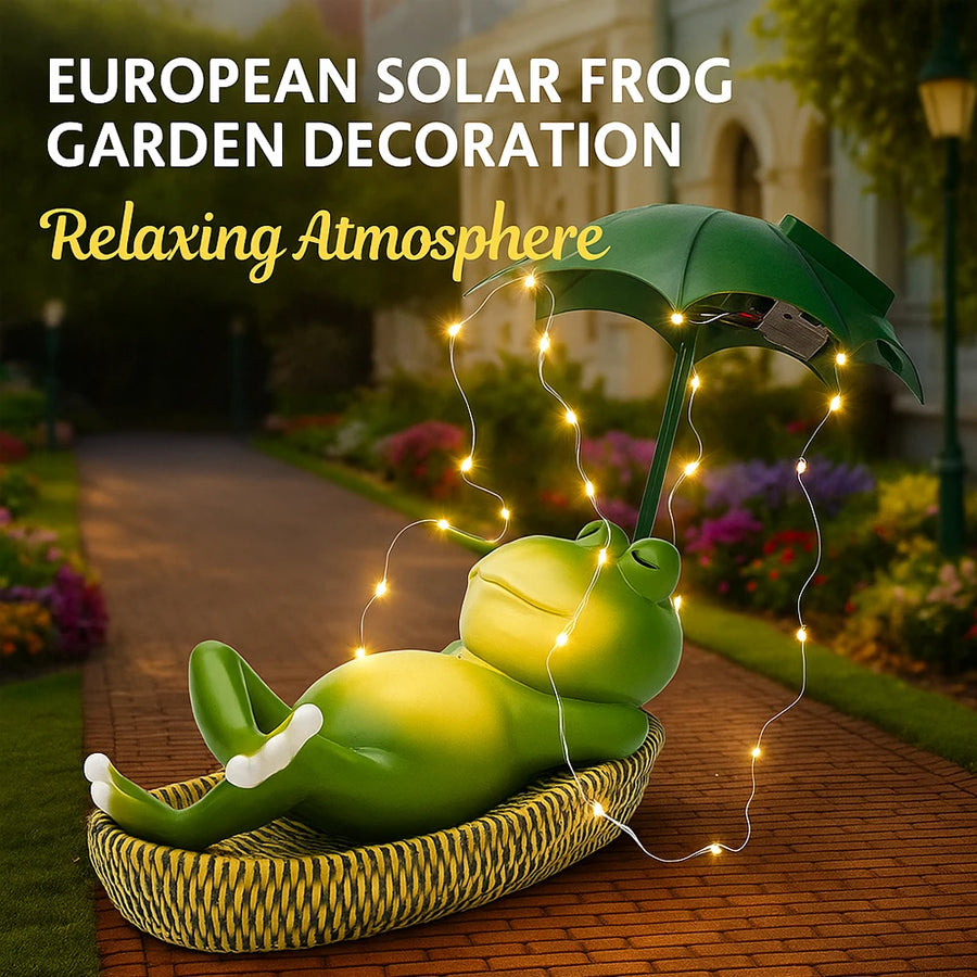 Solar Powered Frog Garden Statue with Umbrella – European Style Resin Outdoor Sculpture for Decoration