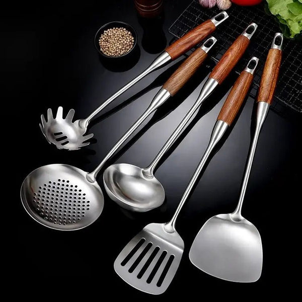 Stainless Steel Kitchen Utensil Set – 6 Piece Ergonomic Wooden Handles 0