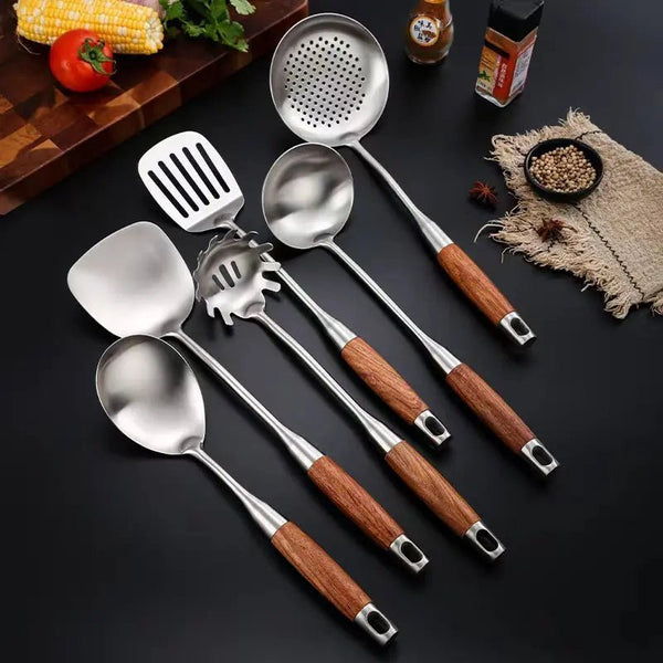 Stainless Steel Kitchen Utensil Set – 6 Piece Ergonomic Wooden Handles 1