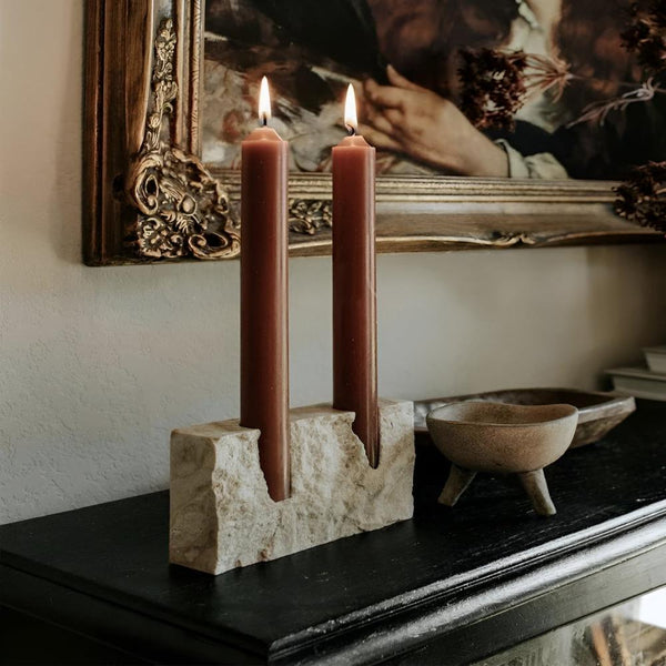 Travertine Stone Candle Holder for Two Taper Candles – Natural Texture and Modern Design