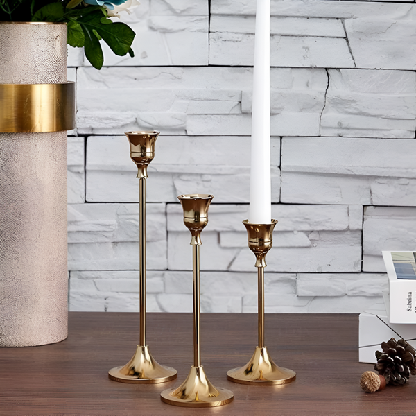 Vintage Brass Candle Holder Set of 3 – Elegant Gold Taper Candle Holders in Multi-Size for Home Decor