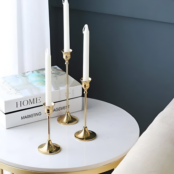 Vintage Brass Candle Holder Set of 3 – Elegant Gold Taper Candle Holders in Multi-Size for Home Decor