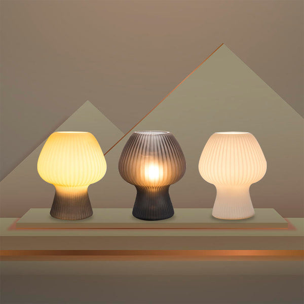 Vintage Ribbed Glass Mushroom Table Lamp – Dimmable LED Bedside Lamp for Bedroom, Living Room, or Desk – Amber, Smoke Grey, White